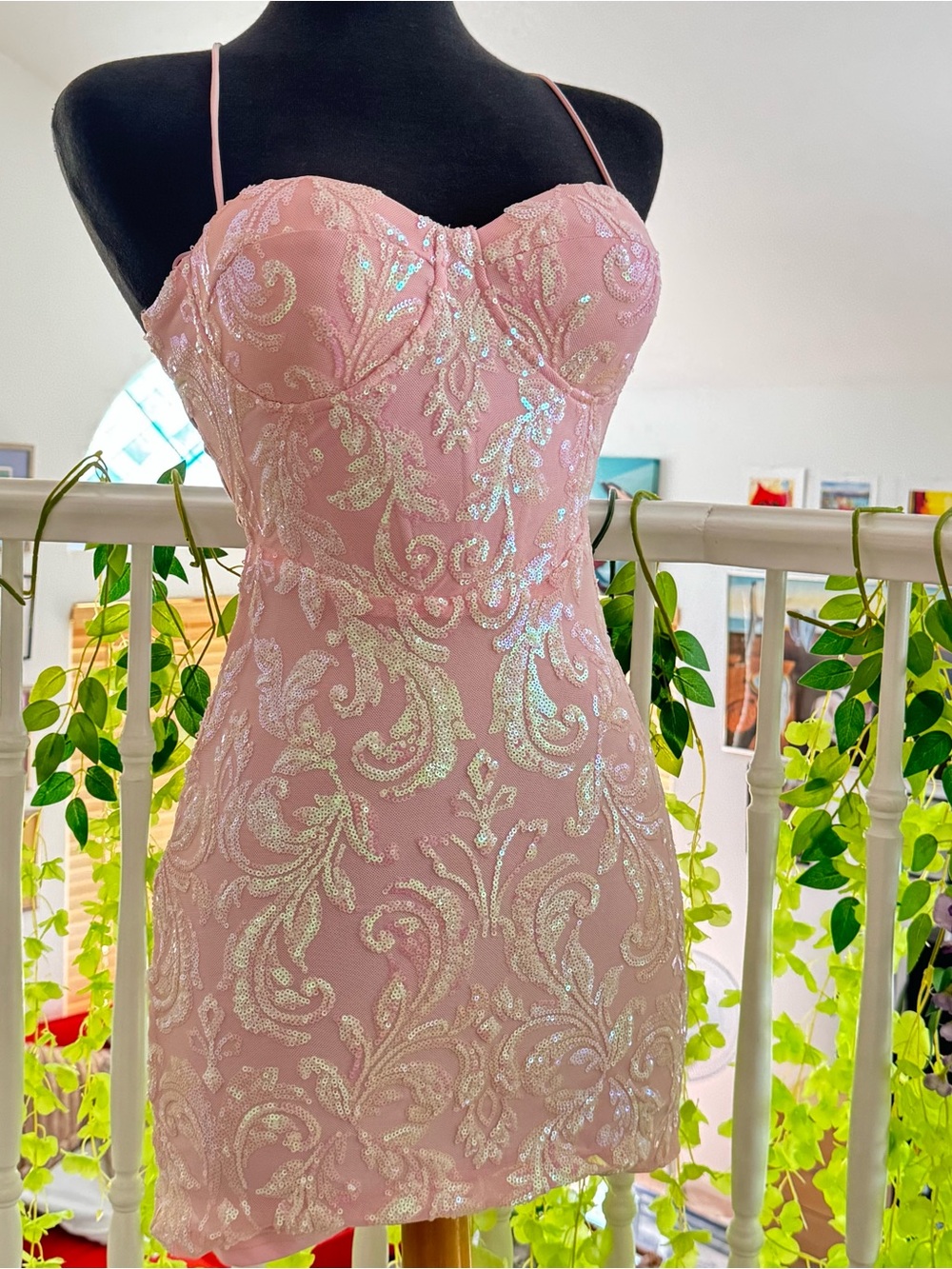 Pink Sequin Mini Dress with Sweetheart Neckline